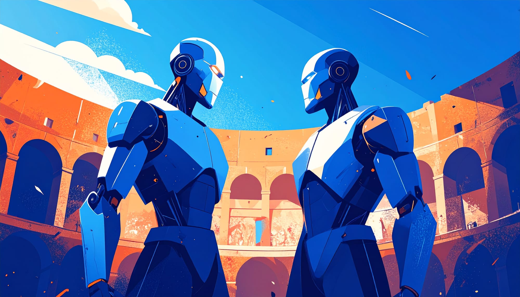 Dos robots en un coliseo romano